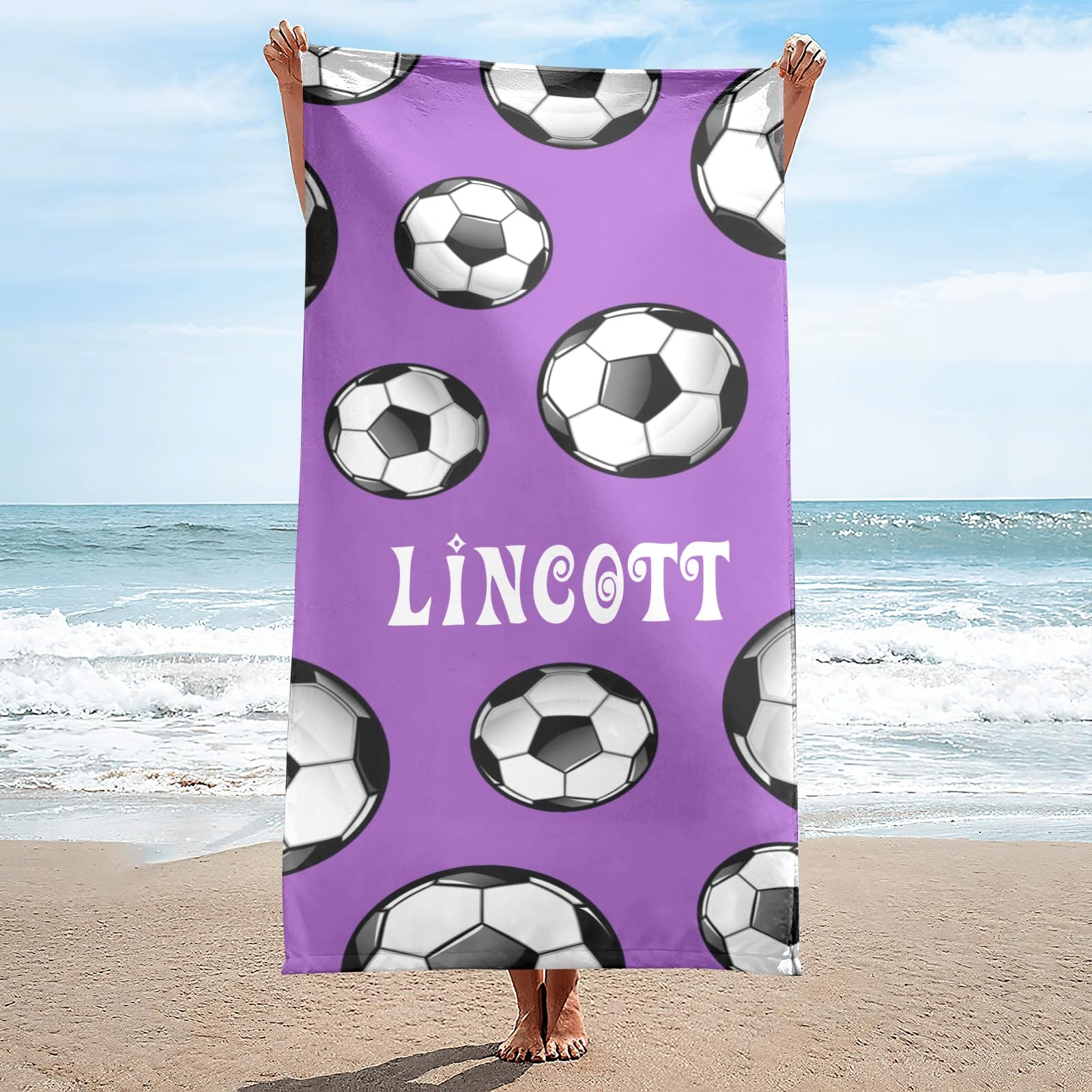 Serviette de plage personnalisée avec nom pour adultes et enfants, serviettes de bain personnalisées sur le thème du sport Football Soccer pour le voyage, la natation, la plage, la salle de sport Hand Towel H30xW50cm&1pc