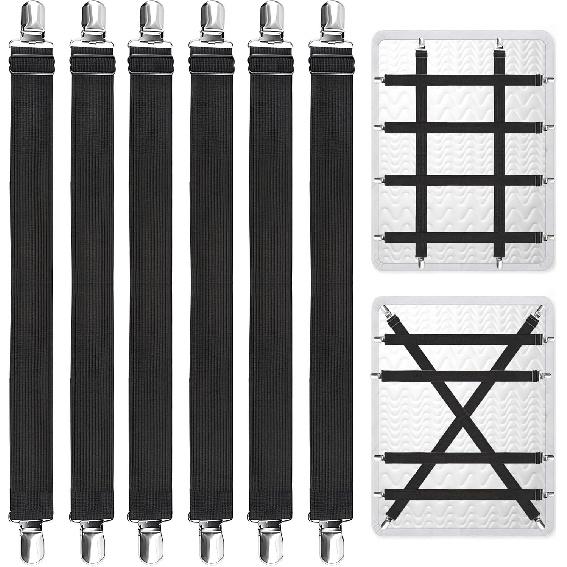 6PCS Heavy Duty Bed Sheet Straps - Adjustable Elastic Mattress Clips to Hold Sheets in Place, Fits 15" to 85" Mattresses, Secure Sheet Clips(Black)