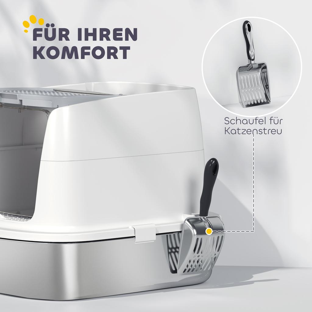 Large Stainless Steel Litter Box, Enclosed Metal Cat Litter Tray with Scoop, Deodoriser Bag, Front-Entry and Top-Exit