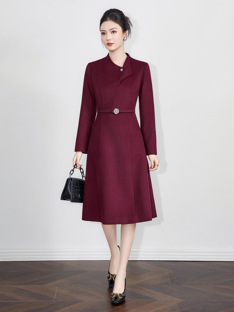 Elegant Woolen Skirted Dress with Waist-Cinch for Autumn/Winter