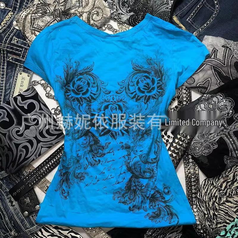 Slim-fit T-shirt met korte mouwen en print uit 2025 met Y2K-thema: Stijlvolle Europese en Amerikaanse retro mode voor vrouwen