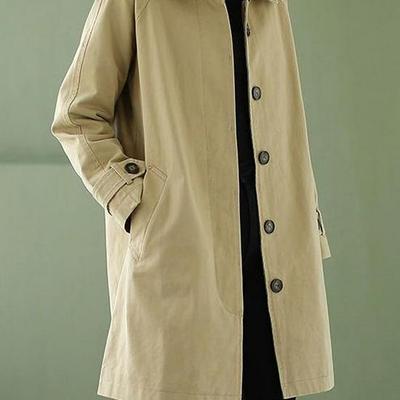 Women's Plus-Size Washed Cotton Trench Coat, Mid-Length, Loose Fit, Korean Style, for Spring and Autumn.