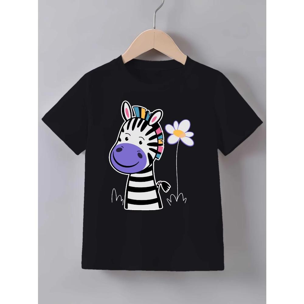 Colorful Mane Zebra And White Daisy Graphic T Shirt Family Matching Boys Girls Kids Short Sleeve Animal Children Daily Tops