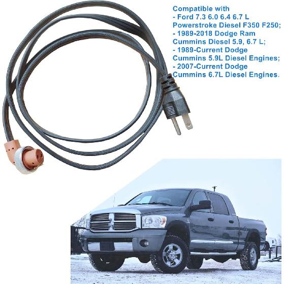 120V Block Heater Cord 251919, for Dodge Ram 2500 3500 Cummins 1989-Current 5.9 L /2007-Current 6.7 L, for 95-16 Ford 6.0 6.4 7.3 Powerstroke, Engine