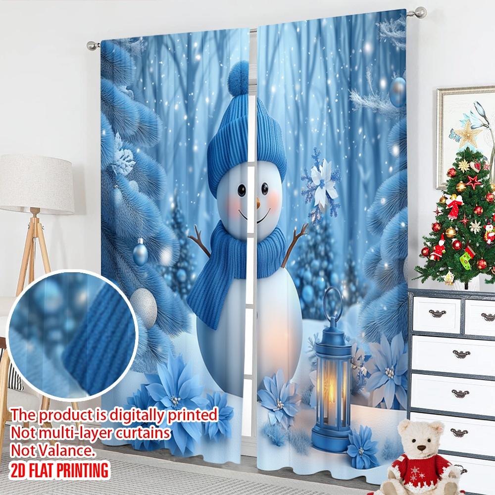 2pcs 2D flat printing Christmas Party Curtain Cute Snowman Blue Christmas Trees 100% Polyester Without Electricity Holiday