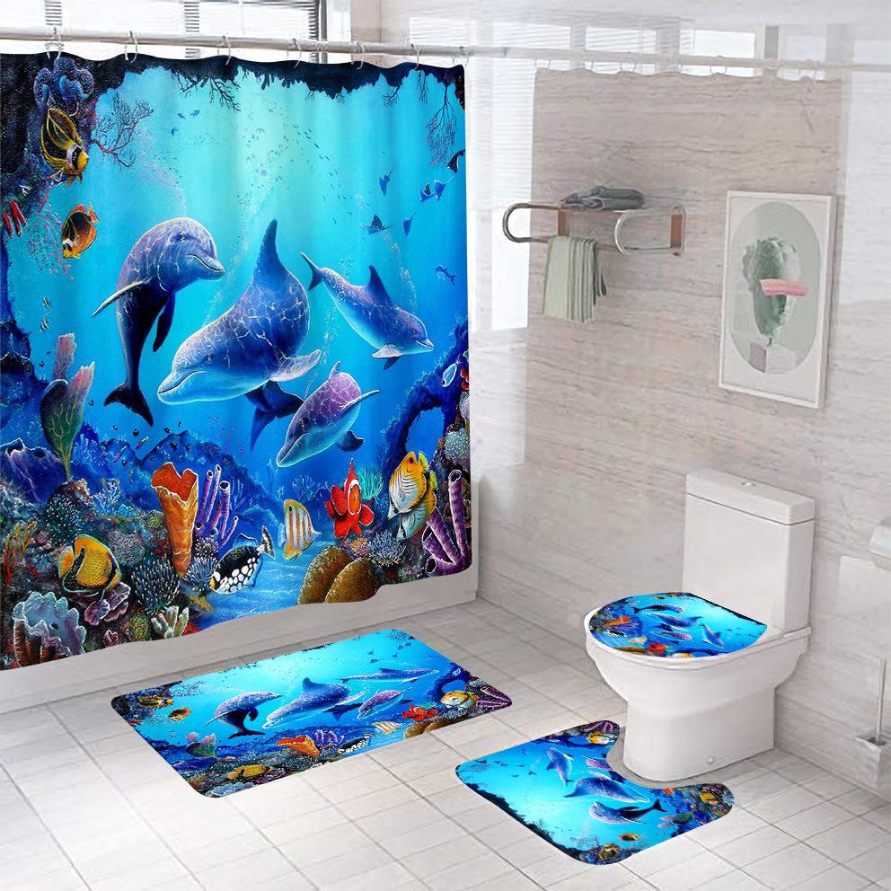 Bathroom Shower Curtain Four-piece Digital Printing Sand Underwater World Waterproof Shower Curtain Shower Curtain Partition Curtain Bath Mat