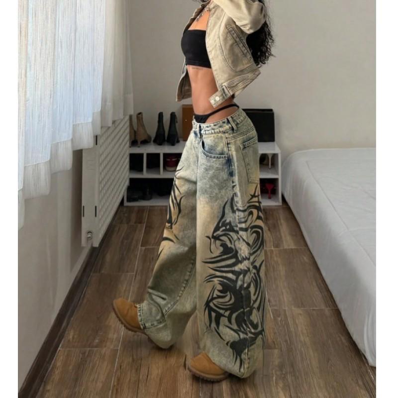 Y2K Street Style Printed Denim Jeans Loose Straight Leg Mid Rise Casual Pants Women
