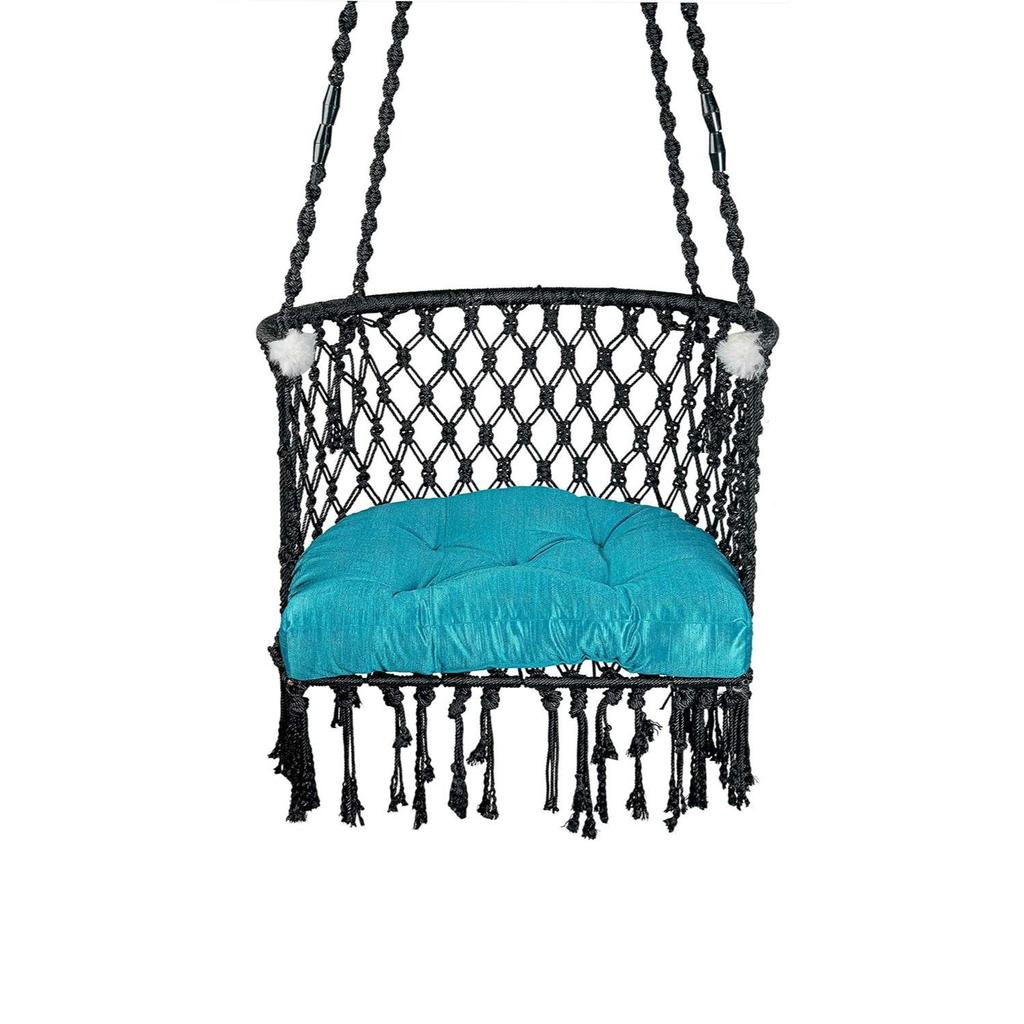 Premium Cotton C-Swing Chair dla dorosłych, dziecięcy hamak-wiszący fotel z niebieską poduszką i akcesoriami (Czarno-niebieski)