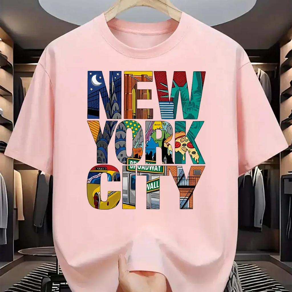 2025 Summer Men's 100% Pure Cotton New York City English Printed Round-neck Short-sleeved T-shirt Top