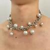 Hip-Hop Punk Fashion Round Buckle Pearl Imitation Necklace Punk Personality Retro Necklace Women's Trendy Jewelry Accessory