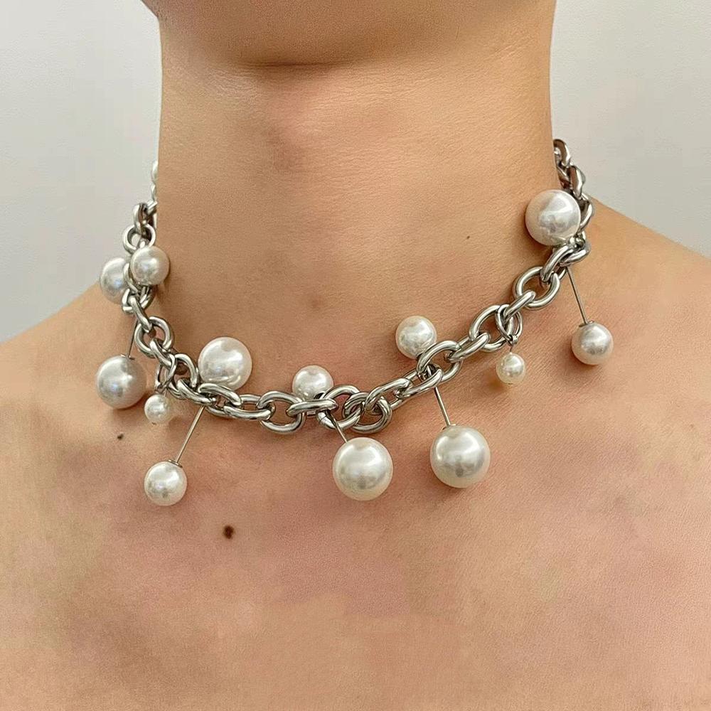 

Hip-Hop Punk Fashion Round Buckle Pearl Imitation Necklace Punk Personality Retro Necklace Women s Trendy Jewelry Accessory Other