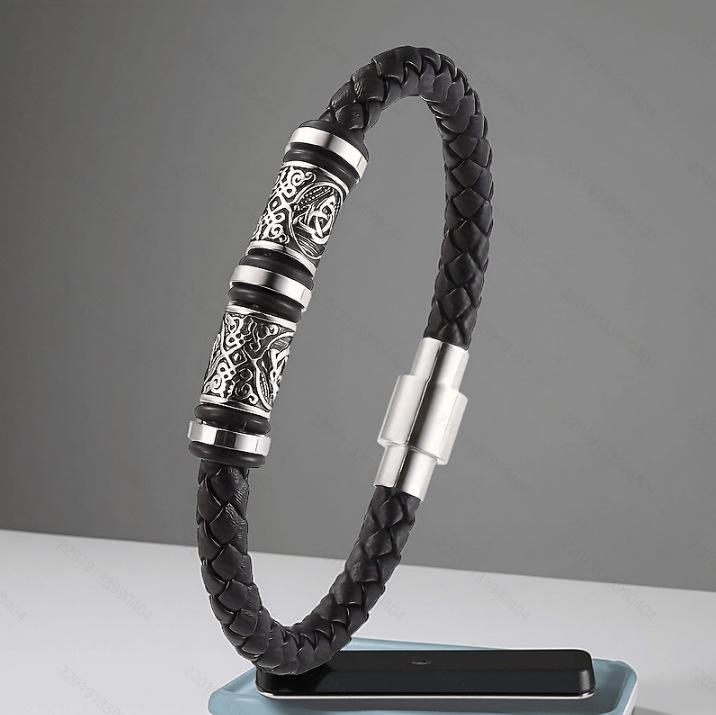 Vintage Viking Style Engraved PU Leather Bracelet Men's Wristband Accessory