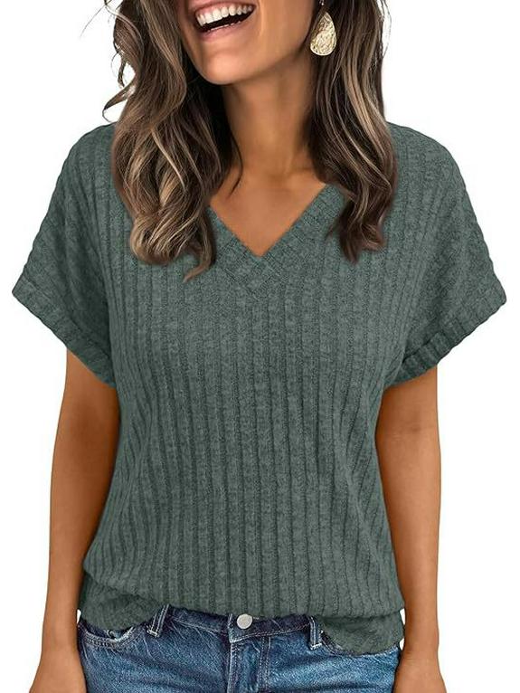 Europäische & Amerikanische Damen Sommer V-Ausschnitt Kurzarm Lässiger Pullover T-Shirt 2025