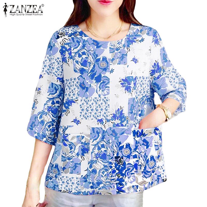 

ZANZEA Women Casual Round Neck Loose Short Sleeve Floral Blouse S