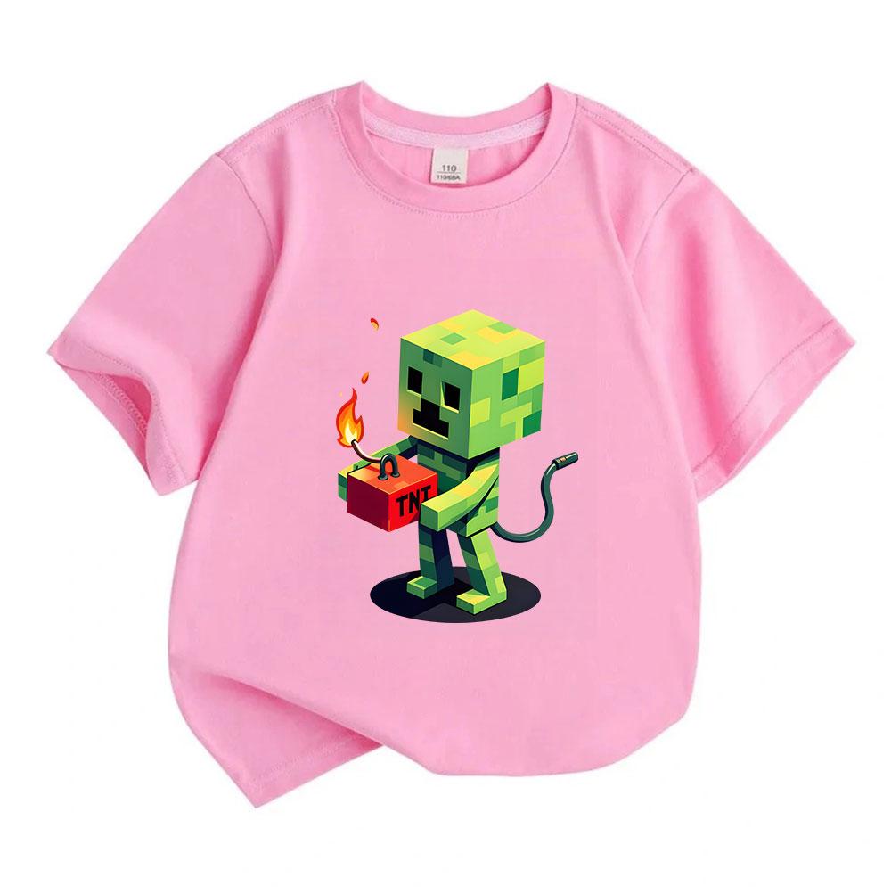 Kids Boys Girls 100% Cotton Crew Neck Short Sleeve T-Shirt, Funny Pixel Green Game Creeper Hold TNT Print Casual Soft Tee Tops for Children Daily Wear