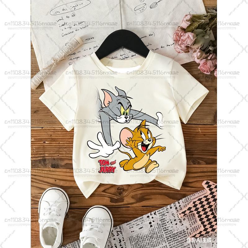 TOM&JERRY Cartoon Pattern Printed Cotton Imitation Cute Children's Casual Top Fashion Sports T-shirt Summer Adult T-shirt