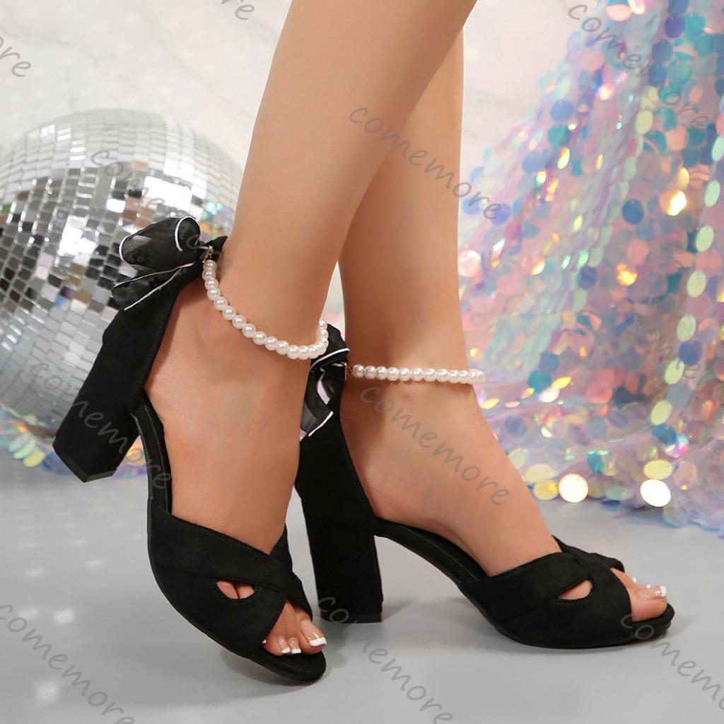 Fashion Comemore 7cm Thick Heeled Shallow Mouth Suede Women Sandals Sexy High Heels Fashion Open-toe Pearl Ankle Buckle Females Sandales