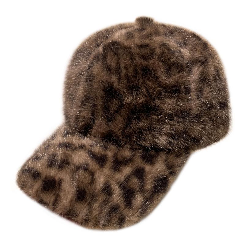 Leopard Baseball Cap Winter Hats For Women Plush Faux Fur Thickened Keep Warm Caps Women Outdoor Windproof Sunshade Vintage New