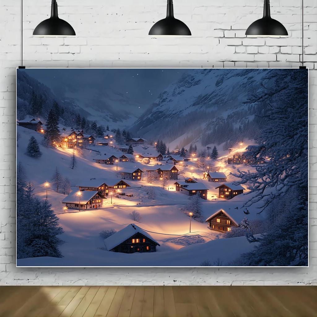 One winter wonderland polyester banner - Snow scene of the French Alps village suitable for birthdaysZL