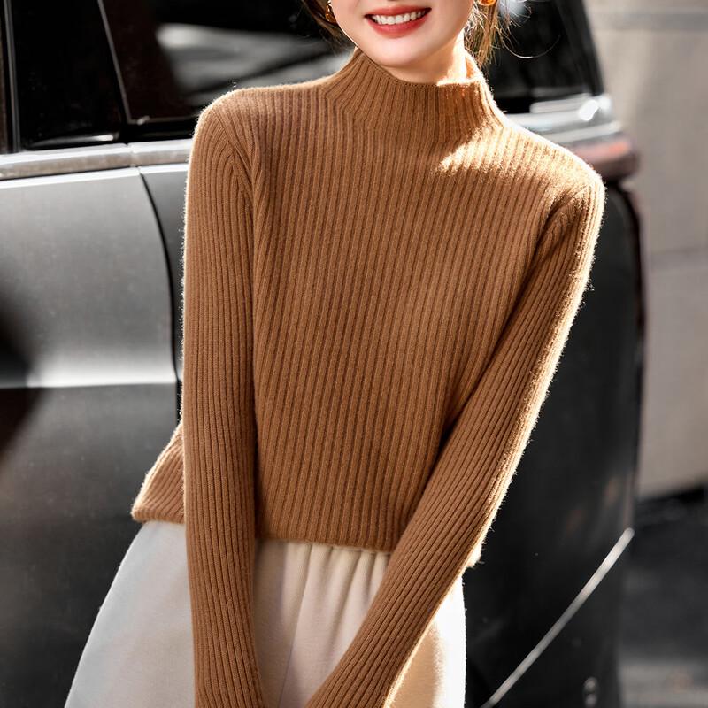 Srcr Women's Thickened Half-High Collar 100% Cashmere Ribbed Sweater