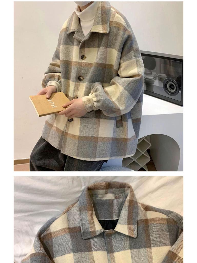 Men's Mid-Length Winter Plaid Wool Coat - Trendy Loose-Fit Windbreaker Jacket