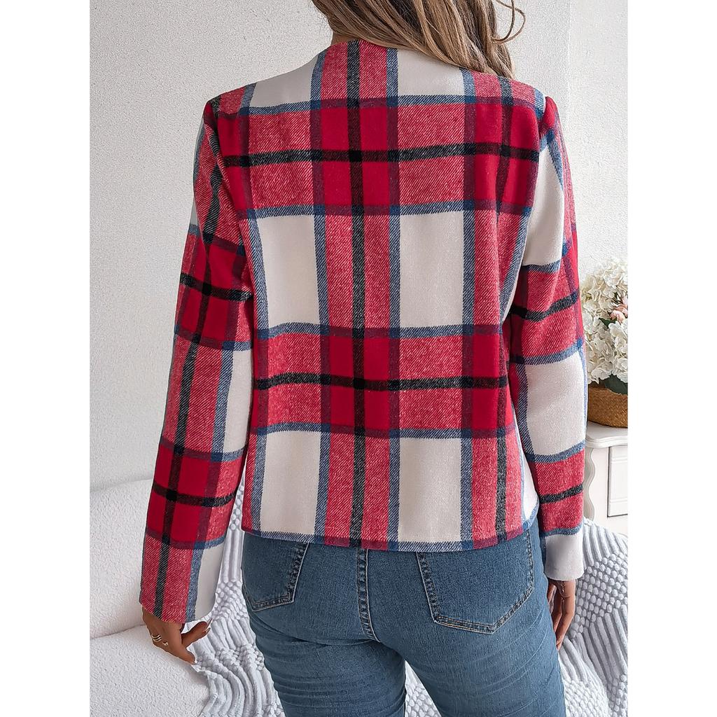 GMXIA Autumn and Winter Casual Plaid Long-sleeved Woolen Jacket Women's Wear