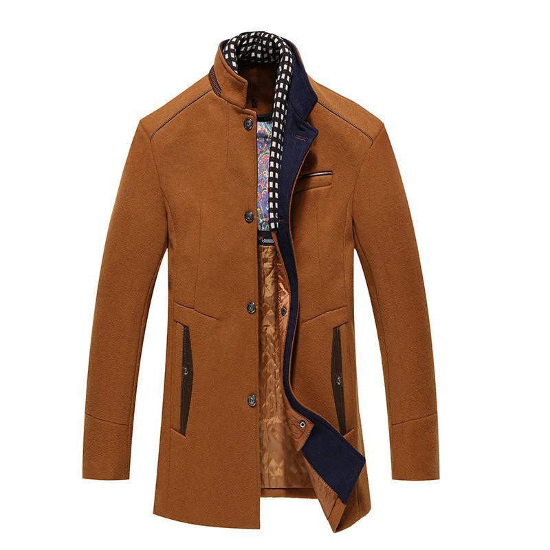 Men's Color-Block Wool Blend Stand-Up Collar Overcoat with Thickened Scarf Collar