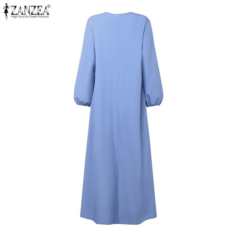 ZANZEA Women Casual Round Neck Loose Long Sleeve Pleated Long Dress