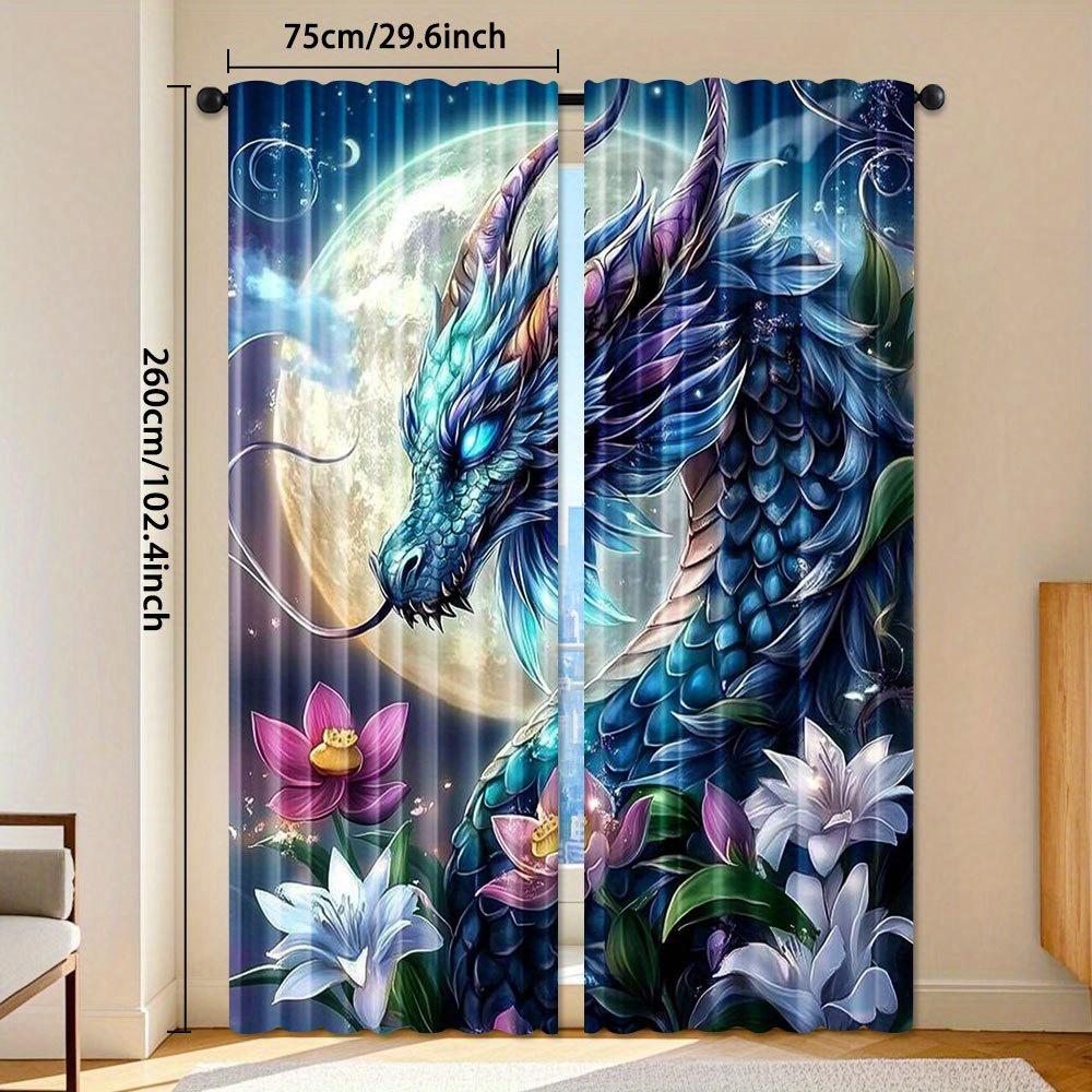 2pcs   Dragon Pattern Curtains Polyester Light Filtering Rod Pocket Design for Bedroom Living Room Office Home Decoration Easy In