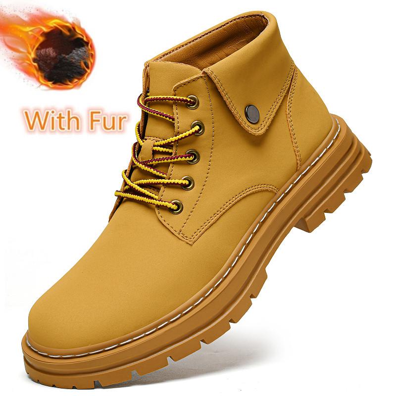 Non-Slip Male Motorcycle Boots Simple Plush Fur Snow Botas Genuine Leather Men Ankle Boots Handmade Autumn Winter High Top Shoes