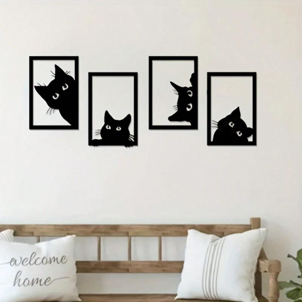 Four Piece Black Metal Cat Wall Art, Modern Animal Silhouette Sculpture Decor for Home Office Cafe