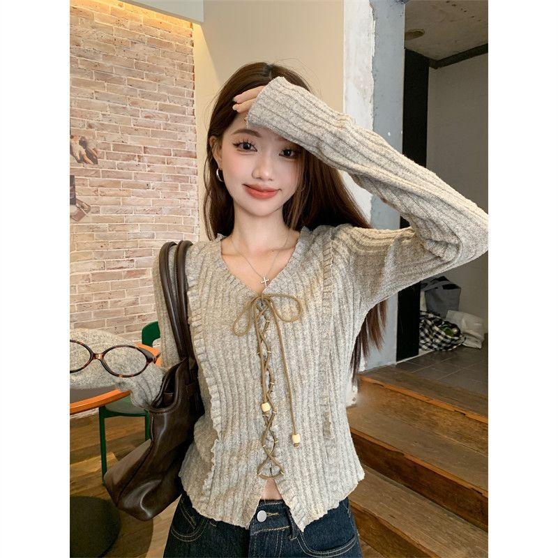 Spring Autumn Ruffles Bandage Slim T-shirt Women Long Sleeve Solid Color All-match Vintage Tee Top Pullovers