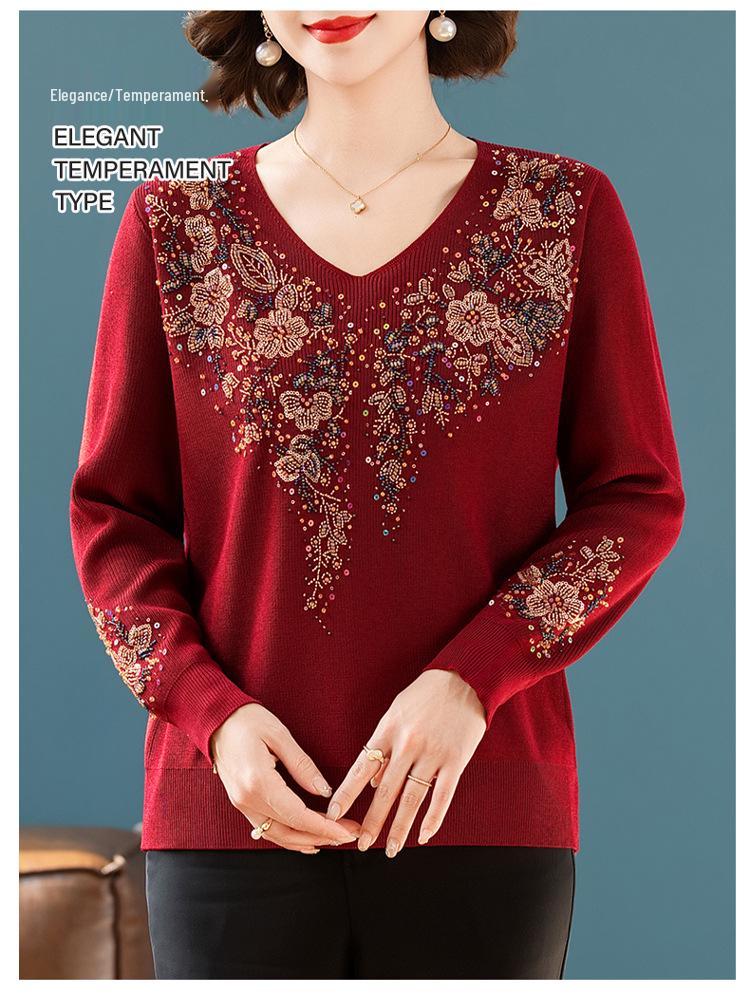 Happy Mother-in-law V-neck Red Knitwear with Handmade Sequin Embroidery - Slimming and Age-Reducing Top for Spring and Autumn
