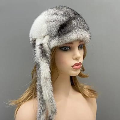 Winter Women Hats Pontail Natural Mink Fur Luxury Beanie Hats Female  Stylish Cap Windproof Snow Outdoor Wear Cross Mink Hat