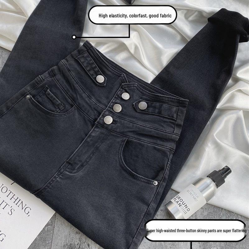 Women's High-Waist Black Multi-Button Slim Fit Pencil Jeans