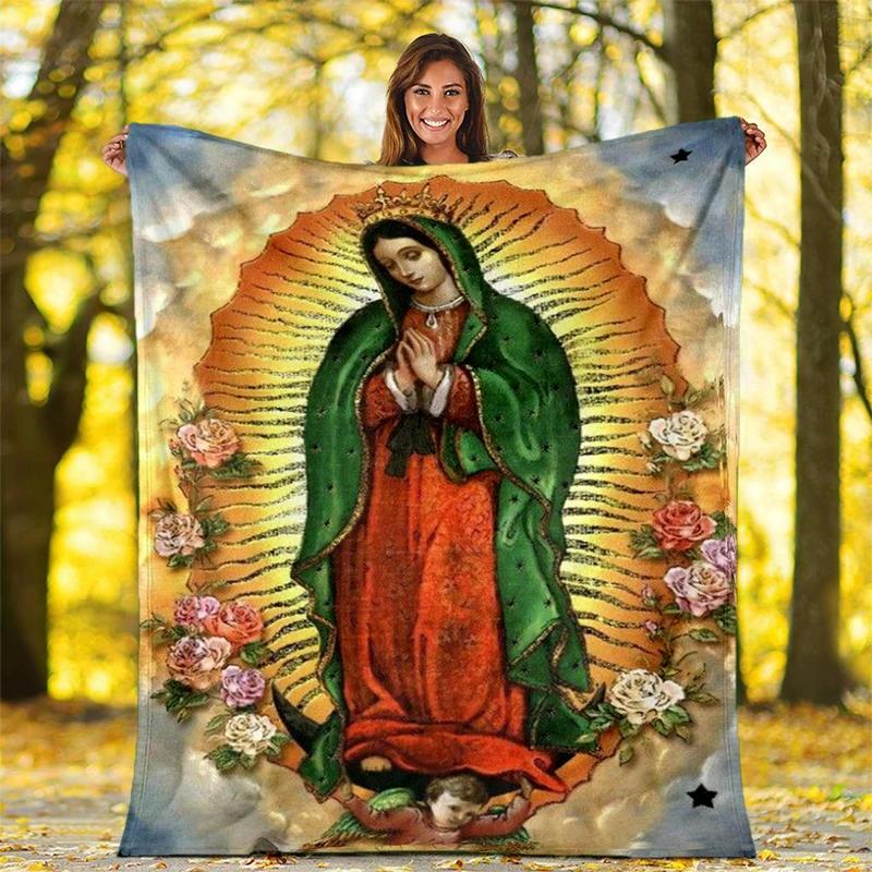 Our Lady of Guadalupe Pattern Flannel Throw Blanket Religion Mary Soft Cover Lightweight Warm for Bedroom Sofa Decor Kids Adults
