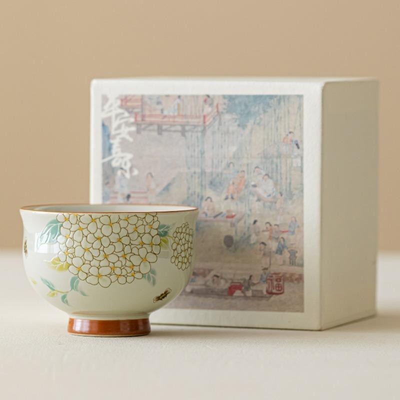Grass and Ash Tea Cup, Master's Cup, Embroidered Ball Blossoms, Kung Fu Tea Set, High Beauty Tea Tasting Cup, Household Ceramics