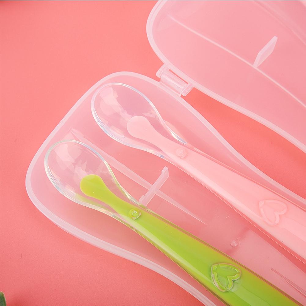 2PCS/Set Silicone  Soft Tip Spoons for Babies Over 4 Months Old with Box (Green and Pink)