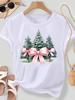 (Asian Size) Merry Christmas New Year Women's Top T Tee Festival O-neck Plaid Tree Style Clothing Print Fashion Ladies Graphic T-shirts