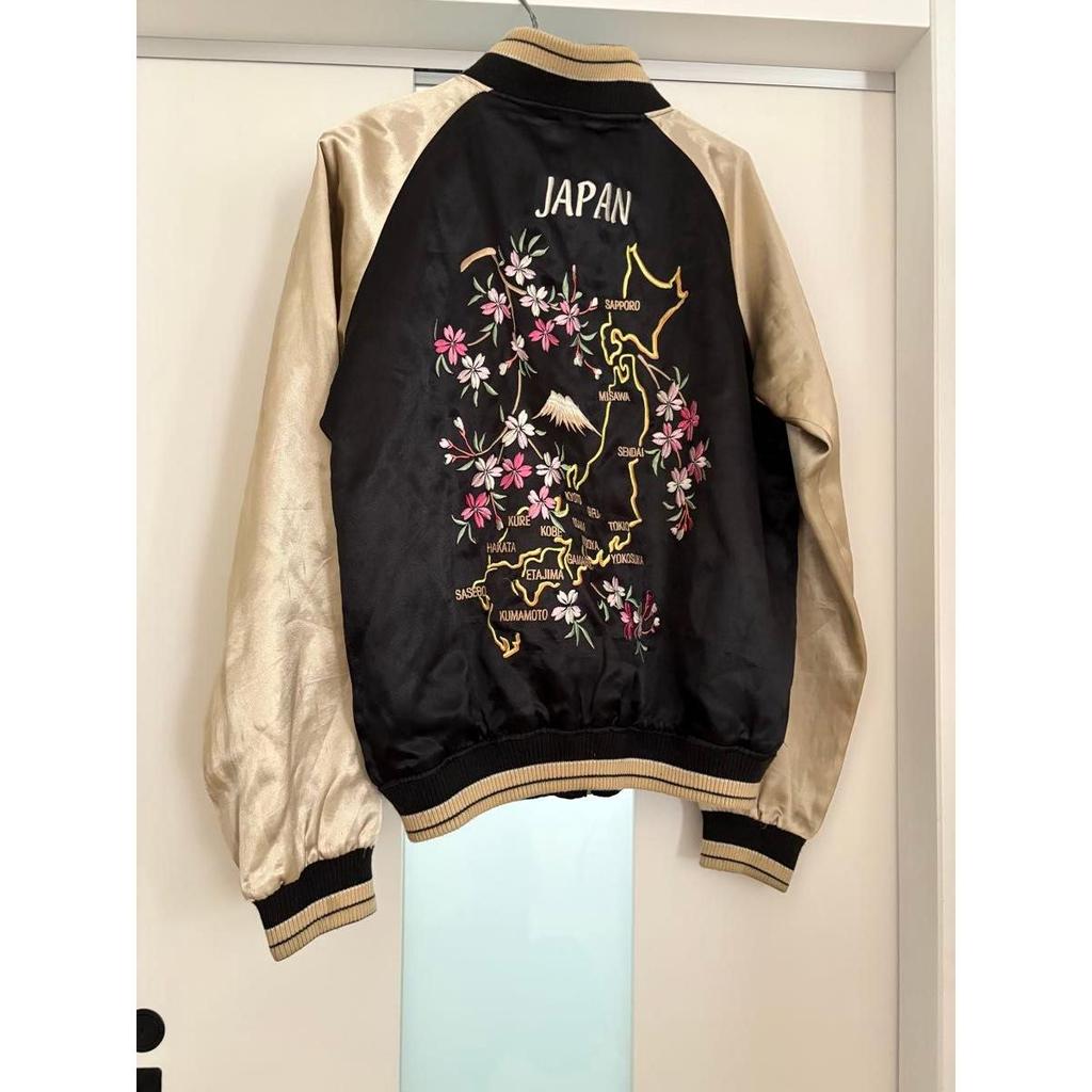 Used Souvenir Jacket, Embroidered, Mt. Fuji, Cherry Blossoms, Black, Men's L