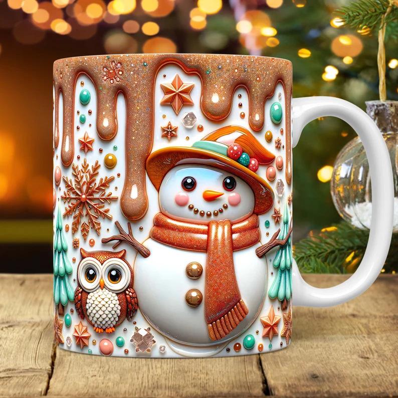 3D Snowman Owl Owl Ceramic Coffee Mug Water Cup Christmas Hat Christmas