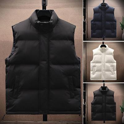 Gilet da uomo con colletto alla coreana, senza maniche, chiusura a zip, in cotone, con tasche laterali, tinta unita