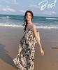 Women's Chinese Floral Ink Wash V-neck Spaghetti Strap Dress - Summer 2025 French Casual Holiday Style