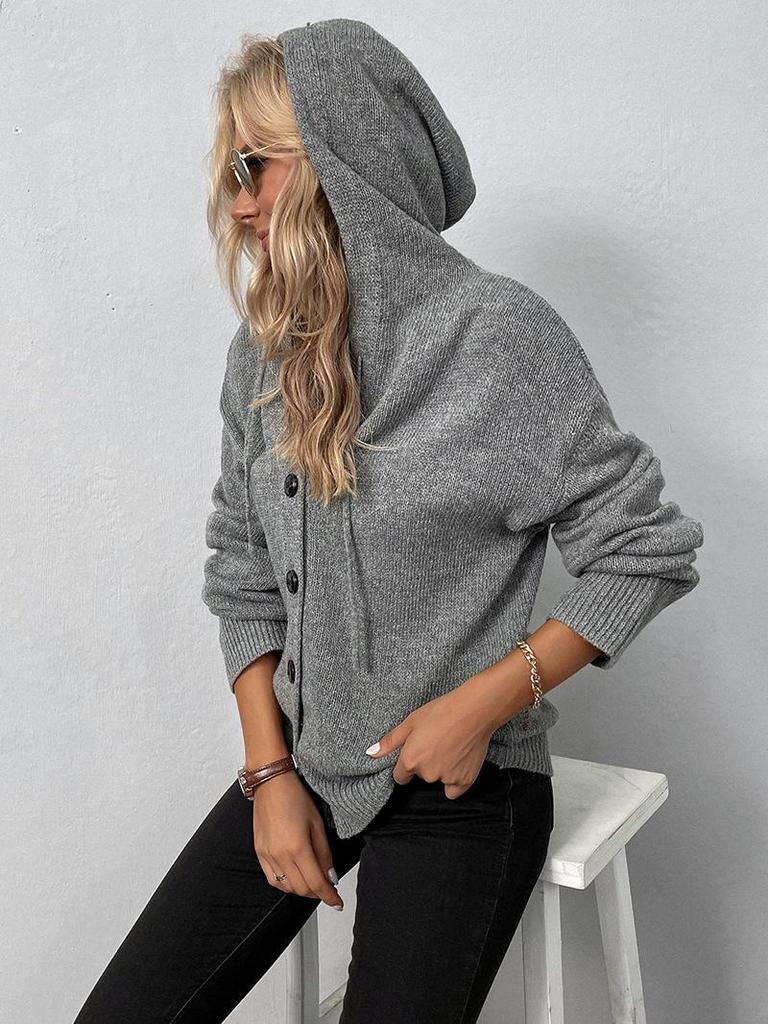 Autumn Women's Hooded Knit Cardigan: Single-Breasted, Solid Color with Drawstring.