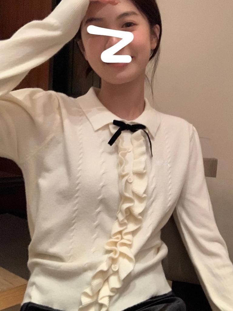 Temperament Versatile Fungus Edge Bow Polo Collar Andy Fleece Knitted Sweater Women's Autumn and Winter Top with Sweater Inside