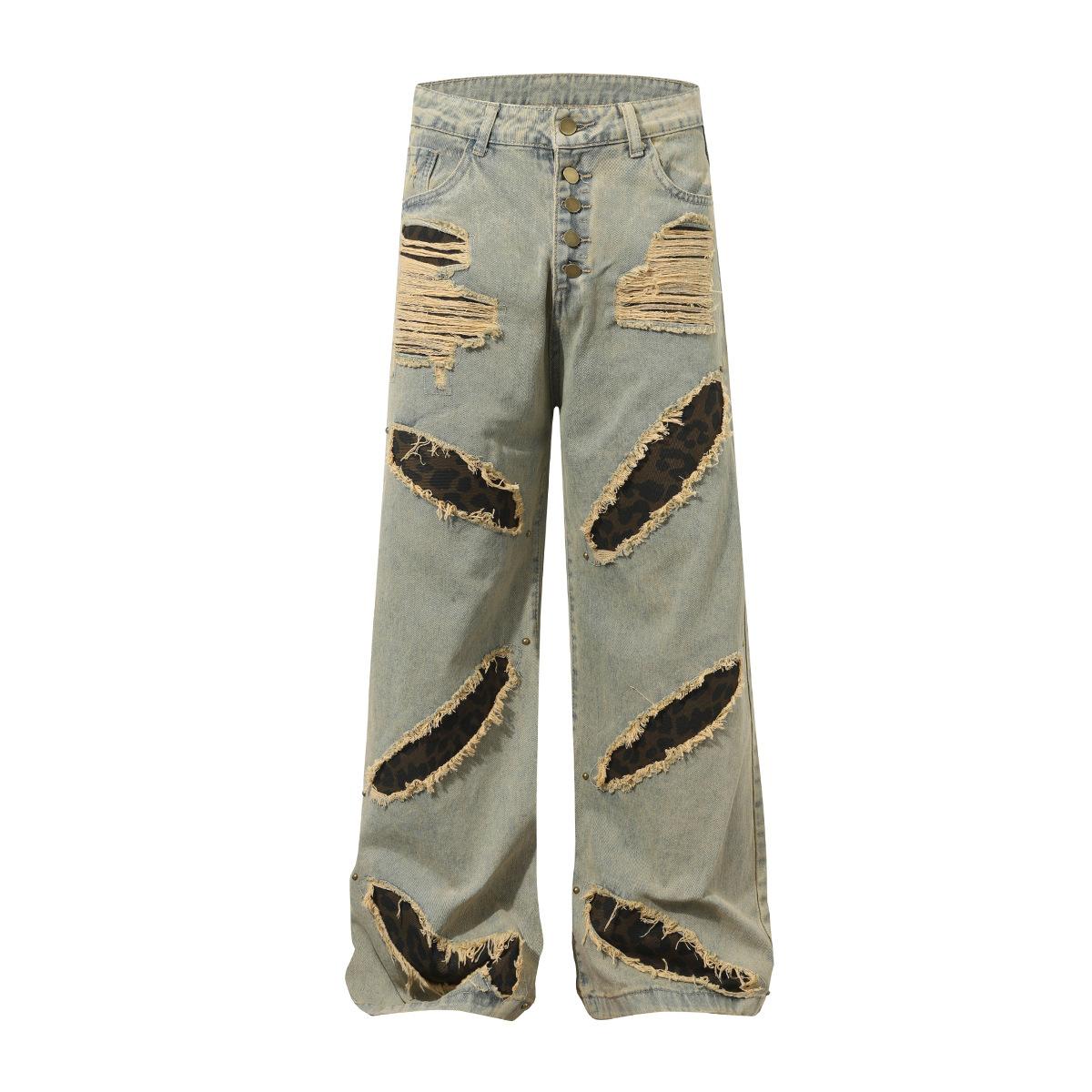 Men s American RO wind heavy washed ripped washed jeans wide leg pants S