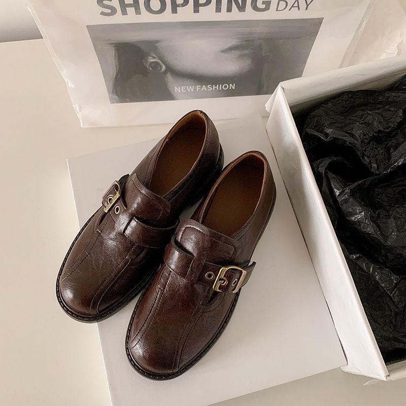 

New round head thick sole leather loafers non-slip casual solid color foot cover low-top cowhide women s shoes four seasons single shoes women 40 коричневый