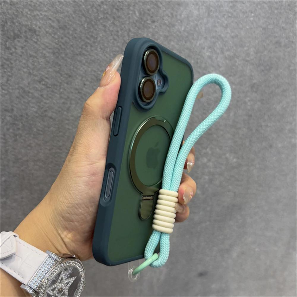 Wrist Strap Matte Clear Magnetic For Magsafe Holder Stand Case For iPhone16 15 11 12 13 14 16 Pro Max Plus With Lens Glass Cover