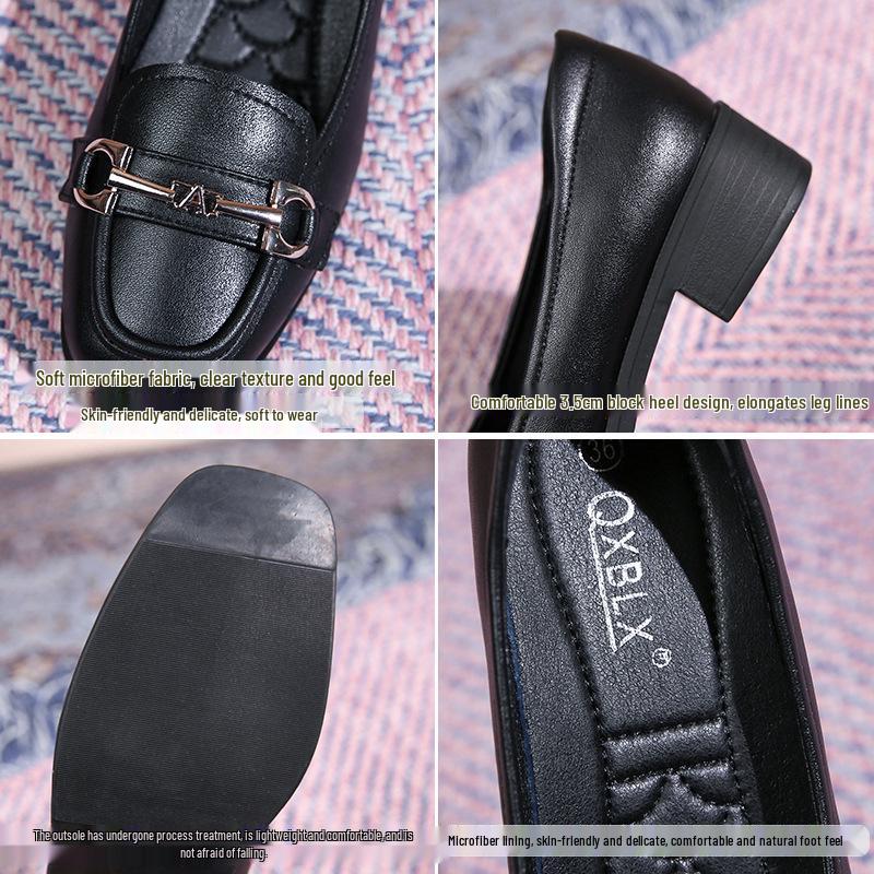 Women's 2026 New Style Black Leather Loafers - Soft Sole, Comfortable, Low-Cut Chunky Heel, Square Toe, Spring/Autumn.