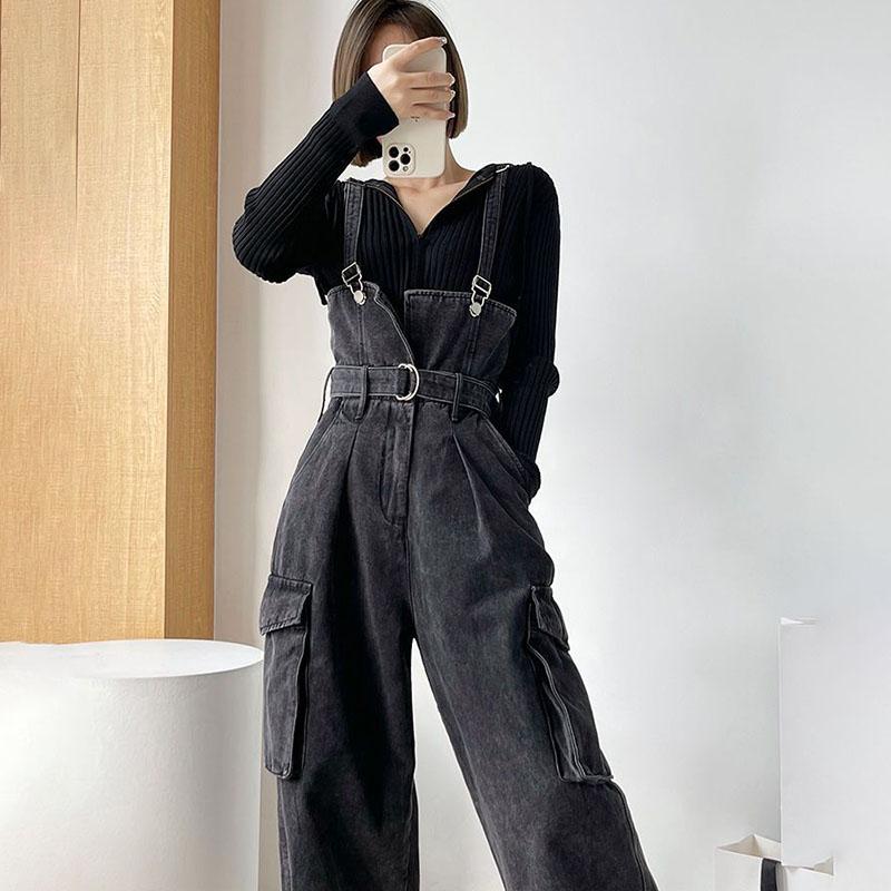 Workwear-style Wide-leg Denim Overalls Women Spring Autumn Design with Retro Halter Jumpsuit Female Shoulder Strap Jeans